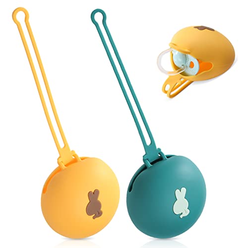 Image of Upgraded Silicone Pacifier Holder Case 2PK(Green and Yellow)Reusable and Stretchable Silicone Storage Bags for Diaper Bag,Strollers,High Chair,Shopping Cart,Cribs|BPA Free