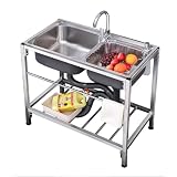 Lavello da cucina commerciale in acciaio inox con 2 scomparti, Lavello da ristorante indipendente a doppia vasca, Lavello per stazione di lavaggio, Lavello per la lavanderia di casa, garage, bar