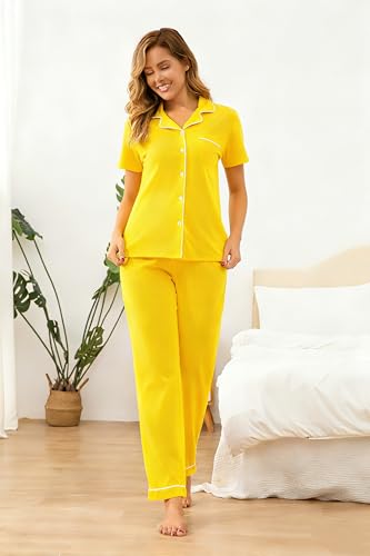 Image of 100% Cotton Pajama Sets for Women 2 Piece Long Sleeve Button Down Pjs Soft Comfy Ladies Sleepwear Lounge Sets S-XL