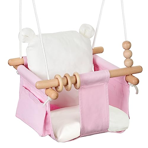 Indoor Baby Swing Wooden Baby Hanging Swing Chair Canvas Baby Swing Seat Chair With Safety Belt And 2 Side Pockets For Outdoor Play Toysand And Indoor Playground Sport #TOP27