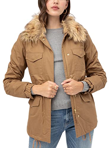 KOGMO Womens Fully Lined Zip Up Anorak Jacket Detachable Faux Fur Trim-S-CAMEL