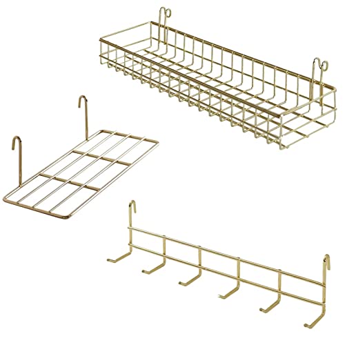 BULYZER Grid Wall Shelves Basket with Hooks,Bookshelf,Display Shelf for Wall Grid Panel,Wall Mount Organizer and Storage Shelf Rack for Office (Gold)