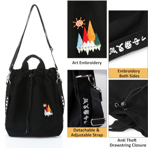 Image of Women Canvas Tote Handbags Casual Shoulder Work Bag Crossbody Bag with Sunshine Embroidery
