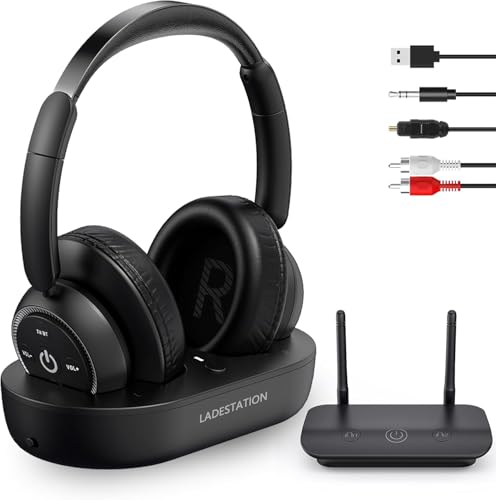 LETSACTIV Funkkopfhörer für Fernseher, kabellose TV-Kopfhörer mit TV-Sender-Ladestation für Senioren,Keine Audioverzögerung, Geeignet für Senioren oder Eltern, Schwarz