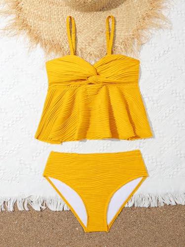 Image of OYOANGLE Girl's 2 Piece Tankini Swimsuit Textured Twist Front Ruched Ruffle Bikini Set Bathing Suits