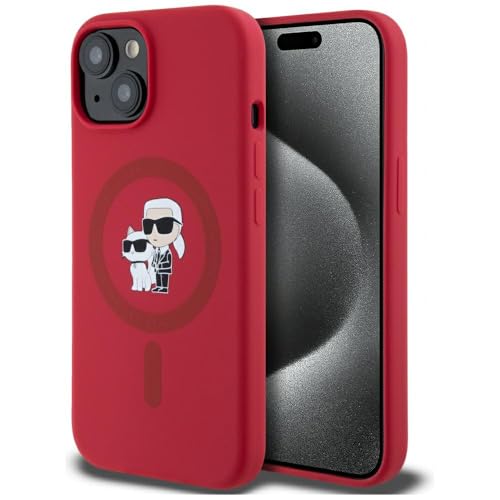 CG Mobile Karl Lagerfeld Karl&Choupette Heads Anneau en Silicone Compatible avec MagSafe pour iPhone 15 (Rouge)