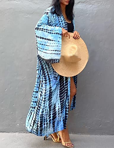 Image of Bsubseach Stylish Tie Dye Open Front Long Kimono Swimsuit Coverup for Women | Loose Fit Boho Style Bathing Suits Cardigans,Summer Causal Resort Wear