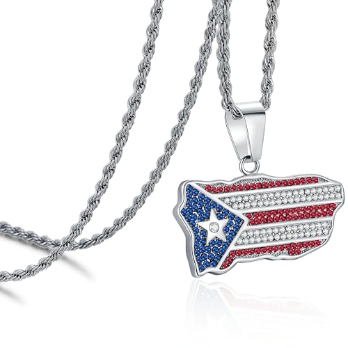 ROWIN&CO Iced Out Puerto Rico Flag Necklace Stainless Steel/18k Gold Plated National Pride Flag Symbol Boricua Unisex Pendant for Men or Women