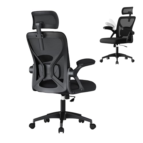 VASAGLE Ergonomic Mesh Office Chair with Adjustable Lumbar Support and Headrest, 90-105° Tilt Function, Wide Seat, Flip‑Up Armrests, Computer Desk