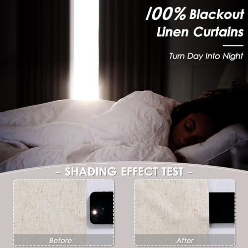 Image of Beige 100% Blackout Linen Curtains for Bedroom 94 Inches Long Back Tab Thermal Insulated Rustic Country Farmhouse Decor Black Out Curtain for Living Room Dining Room Neutral Drapes 52x94, 2 Panels