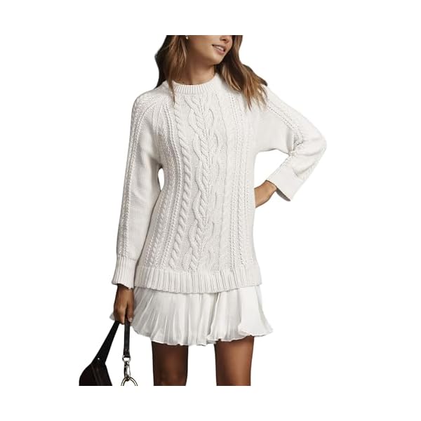 Women Cable Knit Sweater Dress Crewneck Long Sleeve Pleated Mini Dress Twofer Style Patchwork Dress