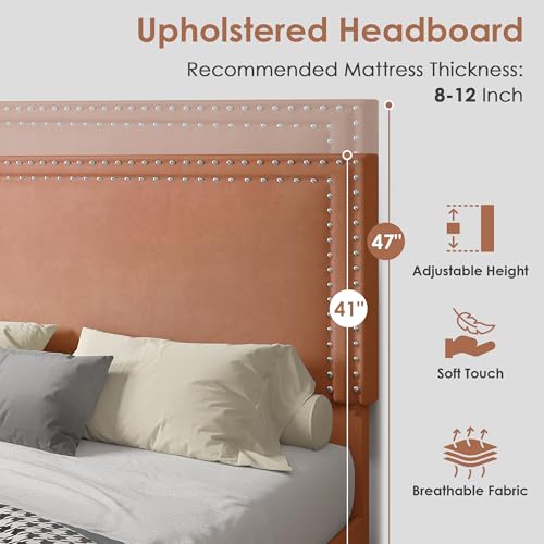 Image of VECELO Full Size Platform Bed Frame with Height Adjustable Upholstered Headboard, Modern Mattress Foundation,Strong Wood Slat Support, No Box Spring Needed, Easy Assembly,Brown