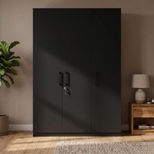 Image of FFO Kavisto 3 Door Wardrobe for Bedroom with Shelves, Hanging Space & Lock, Wooden Clothes Organizer Almirah for Home, Office & Kids Room Black DIY.