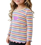 OPAWO Girls Long Sleeve Shirts Ribbed Knit Lettuce Trim Tee Shirt Tops, Little Girl Striped Blous...