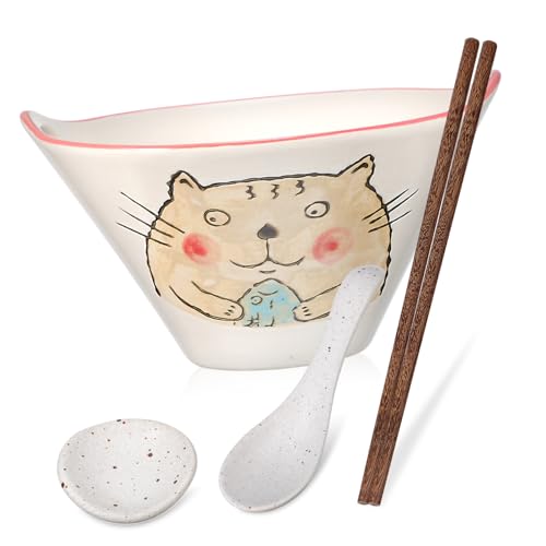 Happyyami 寸大容量ラーメンどんぶり 猫柄セラミック製 深型スープボウル 食洗機 電子レンジ対応 食卓を彩る箸 スプーン 箸置き付き