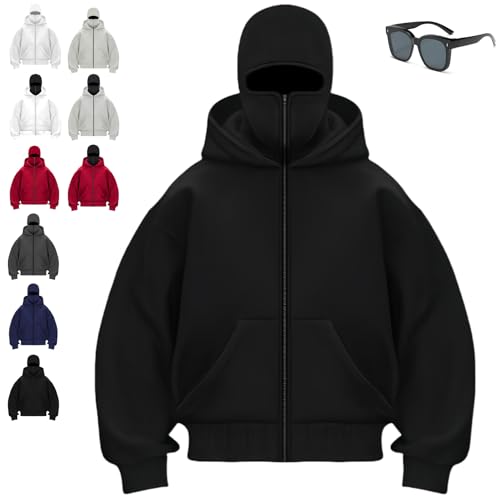 Baobaoyu Unisex Balaclava Hoodie with Built in Balaclava Double Hooded Zip Up Jacket Hoodie With Mask Y2k Warm Ninja Hoodies (Black Medium)