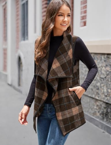 Image of YACUN Women Plaid Vest Lapel Open Front Sleeveless Cardigan