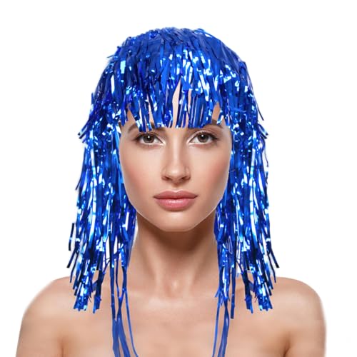 Image of KOLIGHT Shiny Tinsel Hat Wig with Fringe - Colorful Cheerleading Fan Accessory for Holiday Parties, Sports Events & Costume Decorations with Cap+Comb(blue)