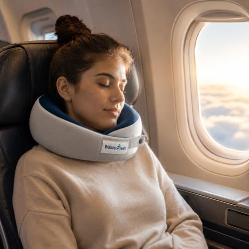 Image of 360 Memory Foam Travel Neck Pillow - U Shaped Ergonomic Head & Neck Support Cushion with Chin Support, Adjustable Snap Closure, Breathable Mesh Fabric (Blue & Grey)
