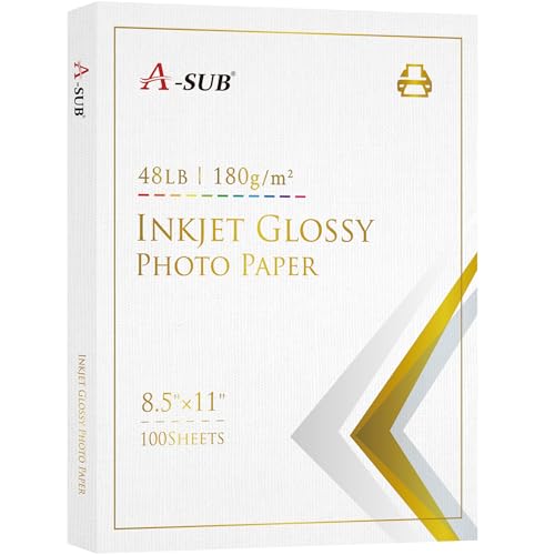 A-SUB Inkjet Glossy Photo Paper 8.5X11 Inches 48lb 180gsm Professional Glossy Photographic Paper for Inkjet Printers Dye Ink 100 Sheets