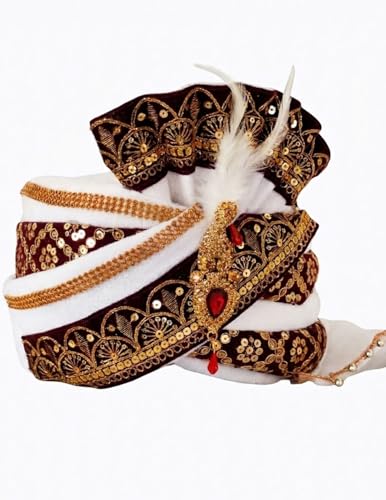 Image of BookMyCostume Dulha & Royal Wedding Turban Collection - Premium Silk, Velvet, Zari Work Safa with Kalgi & Brooch - Traditional Indian Dulha Pagdi /Sehra Perfect for Weddings & Role Plays for Men & Kids