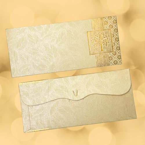 Image of Pack of 25, Rectangle Shape Metallic Paper Shagun Envelopes for Gifting Sagan Lifafa Wedding Occasion Cash Money, 18 X 8 cm, Cream Color - Gold Tree Design