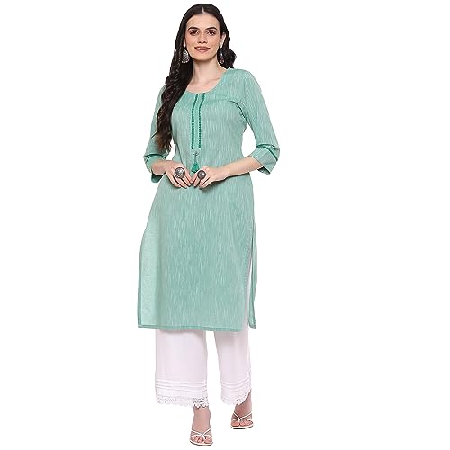 Image of Rangriti Green Polyester Straight Yarndyed Kurta for Women