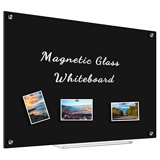 4 THOUGHT Magnetic Glass Dry Erase Board, 24 x 18 Inches, Black Surface Whiteboard for Wall, Frameless Glass Erasable Blackboard with 1 Pen Tray, 3 Magnets, for Office School Home