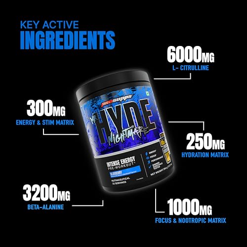 Image of ProSupps Hyde Nightmare Blueberry Pre Workout Powder, 30 Servings | 6000 mg Citrulline, 3200 mg Beta-Alanine, Nootropics, Electrolytes, FSSAI Compliant, Banned-Substance Screened
