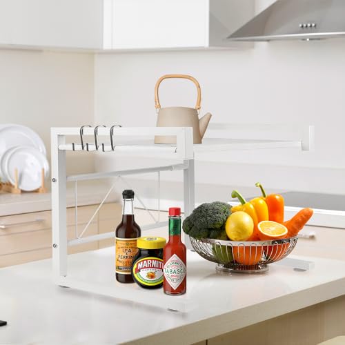 Miniatura 7 de Kedia Estantería Extensible Para Microondas, Soporte Para Microondas, Estante De Cocina Con Ganchos, Estante Para Panadería, Soporte Para Microondas 42 X 36,5 X 40-65 Cm, Blanco