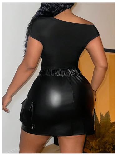 WDIRARA Women's Plus Size PU Leather Mini Skirt High Waisted Flap Pocket Cargo Skirt2