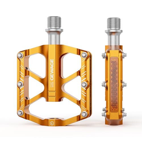 GEWAGE Pedales de Bicicleta Plegables, Pedales de Bicicleta con Reflectante, 9/16 Pulgadas Antideslizante CNC Pedales de Plataforma de Aluminio para Bicicleta Plegable,Bicicleta de Niños (Gold)