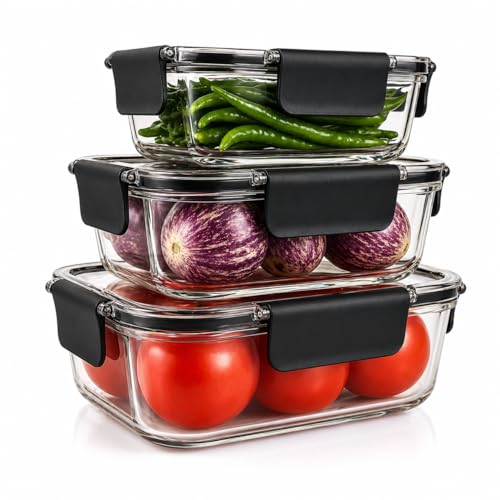 Image of Airtight Food Storage Container Set - 3 Pcs (300ml, 800ml, 1200ml) - Microwave safe, BPA-Free, Leak-Proof, Freezer Safe Plastic Boxes with Lids - Kitchen & Pantry Organizer - Black