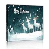 メリークリスマスキャンバスプリントお祝いトナカイ牧草地雪景色ウォールアート冬の風景ホームウォールデコレーション寝室ダイニングルーム55x55cmインナーフレーム