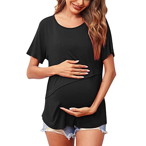 Women's Maternity Nursing Tops Short Sleeve Breastfeeding Shirt Solid Crew Neck Tee Comfy Soft Blouse With Pocket Black #TOP5