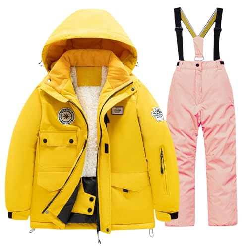 Boys Girls Snowsuit Set Cute Hoodie Zipper Thermal Ski Jacket Waterproof Overall Pants Set Windproof Clothes Set2