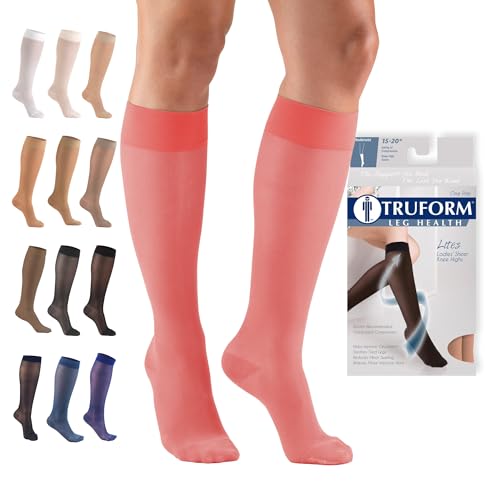 Image of Truform Sheer Compression Stockings, 15-20 mmHg, Women's Knee High Length, 20 Denier, Pink, Large