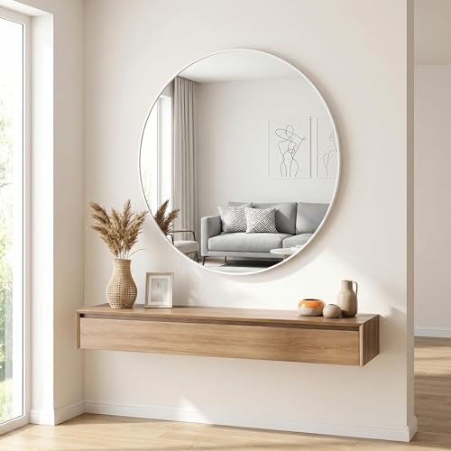Image of HARRITPURE Round Mirror 24 inch White Wall Mounted Circle Mirrors Vanity Mirror with Brushed Aluminum Alloy Frame Modern Decoration for Bathroom, Living Room, Vanity, Bedroom, Entryway