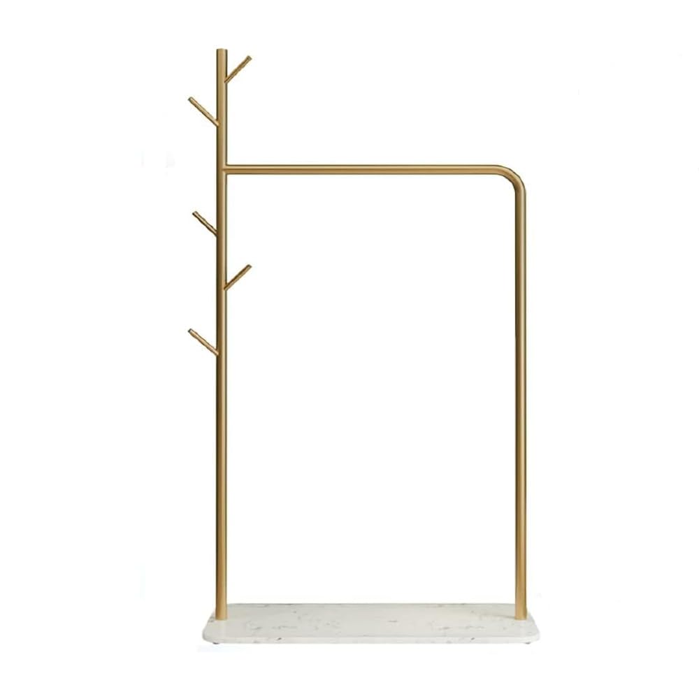 Gold Clothes Rack with Marble Bottom Shelf, Heavy Duty Clothing Racks for Hanging Clothes, 5 Side Hooks Display Garment Coat Rack for Bedroom, Retail Store