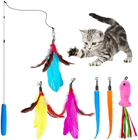 Vovamo Cat Toys for Indoor Cat，1PCS Retractable Cat Wand Toy and 5PCS Cat Feather Toys Refills and 1PCS Fish Teaser Refills, Interactive Kitten Toys Fishing Pole，Fun Toy for Cat Exercise