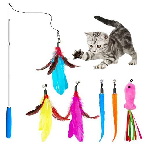 Vovamo Cat Toys For Indoor Cat，1Pcs Retractable Cat Wand Toy And 5Pcs Cat Feather Toys Refills And 1Pcs Fish Teaser Refills, Interactive Kitten Toys Fishing Pole，Fun Toy For Cat Exercise #TOP10