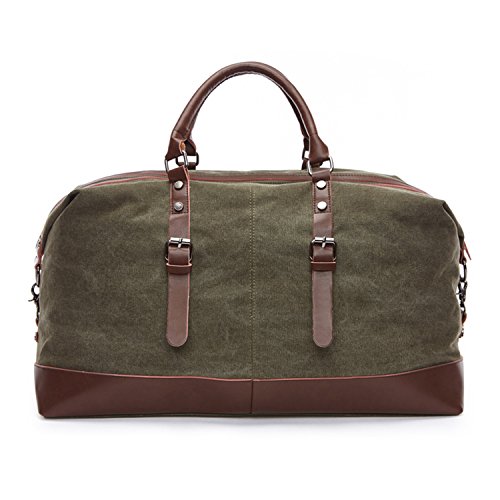Army Green Weekender Overnight Bag Canvas Genuine Leather Travel Duffel Tote3