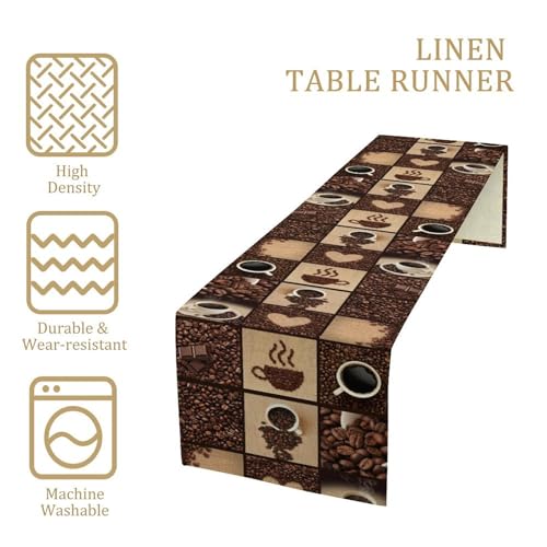 Image of Coffee Print Table Runner - Non-Slip Rectangle Modern Art Abstract Heart Print for Dining Room, Kitchen, Living Room - 13x120 Inch