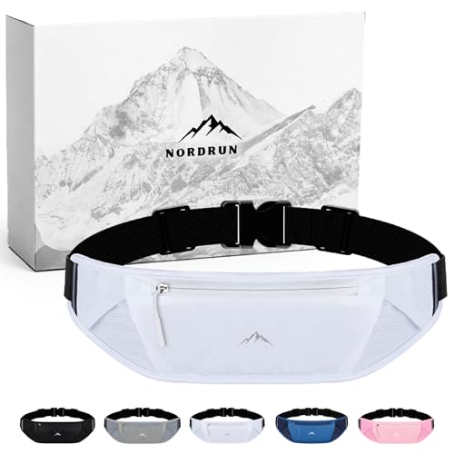 Nordrun Riñonera Running Ajustable e Impermeable para Mujer y Hombre | Cinturon Running Apto para Todos los Moviles | Porta Movil Running | Riñonera Deportiva | Running Belt (Blanco)