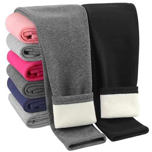 Resinta 2 Pack Girls Winter Cotton Fleece Lined Leggings Thick Thermal Tights Warm Full Length Pants for Kids Black, Dark Grey