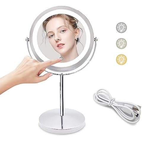 GIORDON Lighted Makeup Mirror, 7" Double Sided Magnifying Mirror with 3 Colors, 1x/10x 360° Rotation Touch Screen Vanity Mirror, Brightness Adjustable Magnification Cosmetic Light up Mirror Cover