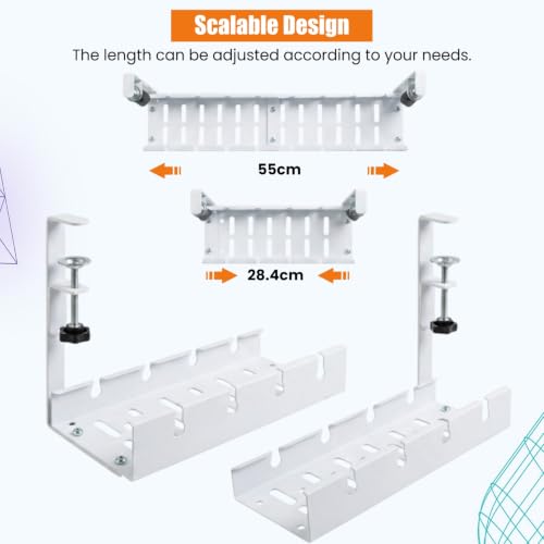 Image of Dyazo Adjustable Under Desk Cable Management Tray | No Drill Clamp-On Rack | Expandable 28.5-55cm Holder for Extension Board, Power Strip & Charging Cable | Heavy-Duty Metal Wire Organizer Shelf-White