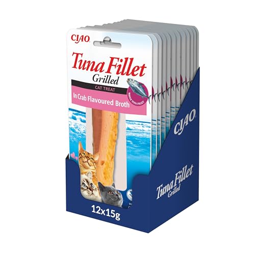 INABA Filete de Atún a la Plancha - Bocaditos de Filete de Atún para Gatos - Caldo con Sabor a Cangrejo - Snack Rico en Antioxidantes para Gatos - 12 x 15g Filetes