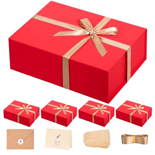 Image of LIFELUM Christmas Gift Boxes 5 Pack 13.85 x 8.35 x 4.45 inch Christmas Gift Boxes for Presents with Ribbon Valentine's Bridesmaid Boxes Contains Card, Ribbon, Shredded Paper Filler for Packing