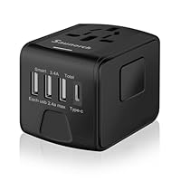 SAUNORCH Universal International Travel Power Adapter W/High Speed 2.4A USB-A, 3.0A Type-C Wall Charger, European Adapter, Worldwide AC Outlet Plugs Adapters for Europe, UK, US, AU, Asia-Black